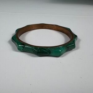 Vtg Brass Bangle Bracelet w Faux Malachite Resin Faceted Edge Art Deco‎ Revival